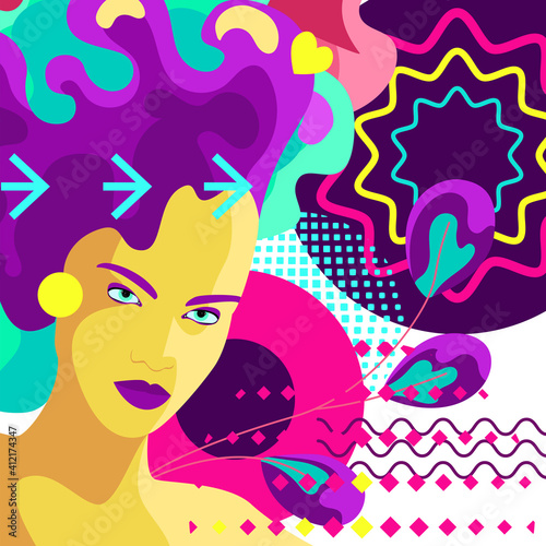 A bold  bright poster with psychedelic touches in a retro style. Banner design image with a young confident girl with bright hair on an abstract background. Psych Out trend