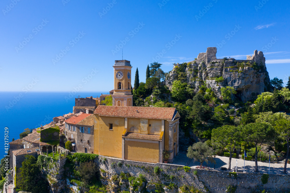 France, Aerial view of Eze on the french riviera, a typical village in the south of France