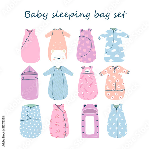 Set of twelve cute and cosy baby sleeping bags with different style and design. Safe and comfortable sleep. Vector illustration
