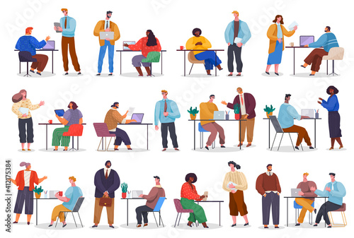 Office staff, work and communication. Head and subordinates. Various workers, managers team. Top managers employees of different levels. Office workers. Co-workers. Colleagues discuss project teamwork