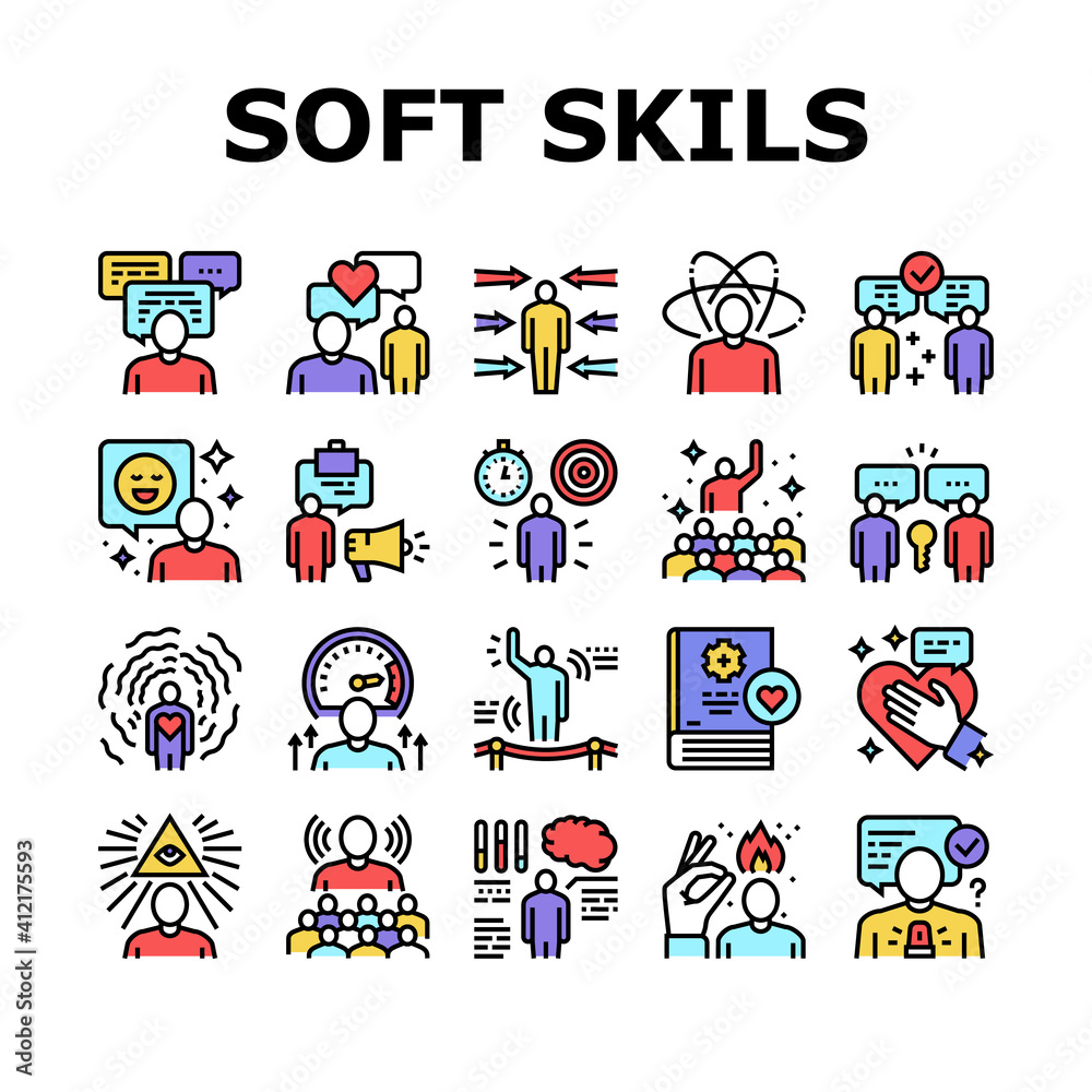 Soft Skills People Collection Icons Set Vector. Creativity And Decision Making, Understanding Body Language And Learning, Soft Skills Concept Linear Pictograms. Contour Color Illustrations Soft Skills People Collection Icons Set Vector. Creativity And Decision Making, Understanding Body Language And Learning, Soft Skills Concept Linear Pictograms. Contour Color Illustrations