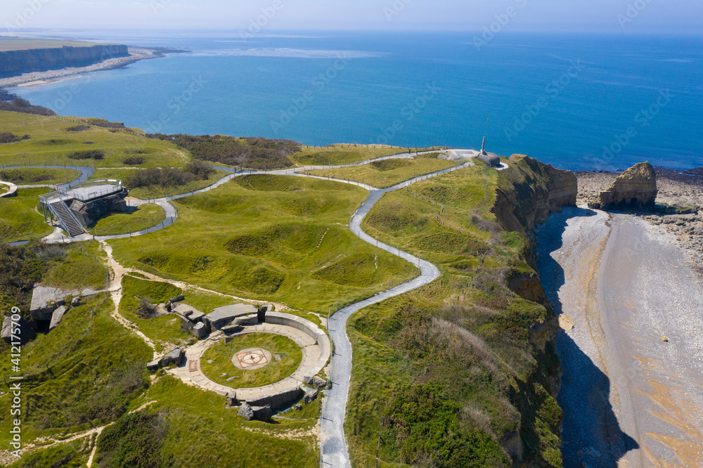 France, Calvados department, Aerial view of Pointe du Hoc on the coast of Normandy. famous World War II site - obrazy, fototapety, plakaty 