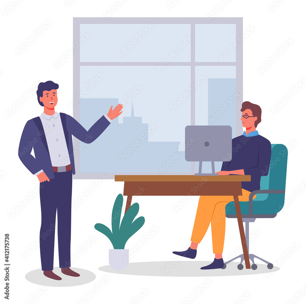 Man stands and talks, male with glasses at table with monitor. City landscape outside the window. Office meeting. Employees, colleagues or office staff. Communicate and work. Flat vector image