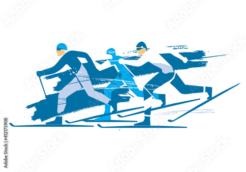 Cross Country Skiers, race.
A expressive stylized drawing of three cross-country ski competitors. Vector available