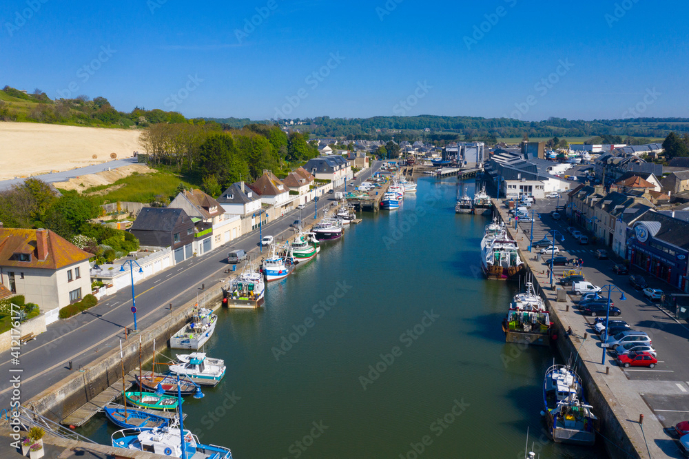  Port en Bessin,France, Calvados department, Port en Bessin, Aerial view of the city of Port-en-Bessin and its Harbor