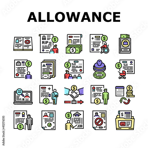 Allowance Finance Help Collection Icons Set Vector. Checking Status And Issue Of Allowance, Loss Of Breadwinner And Pregnancy Concept Linear Pictograms. Contour Color Illustrations