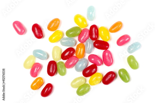 Fototapeta Naklejka Na Ścianę i Meble -  Sour jellybeans, colorful fruit candy dessert snack pile isolated on white background, top view