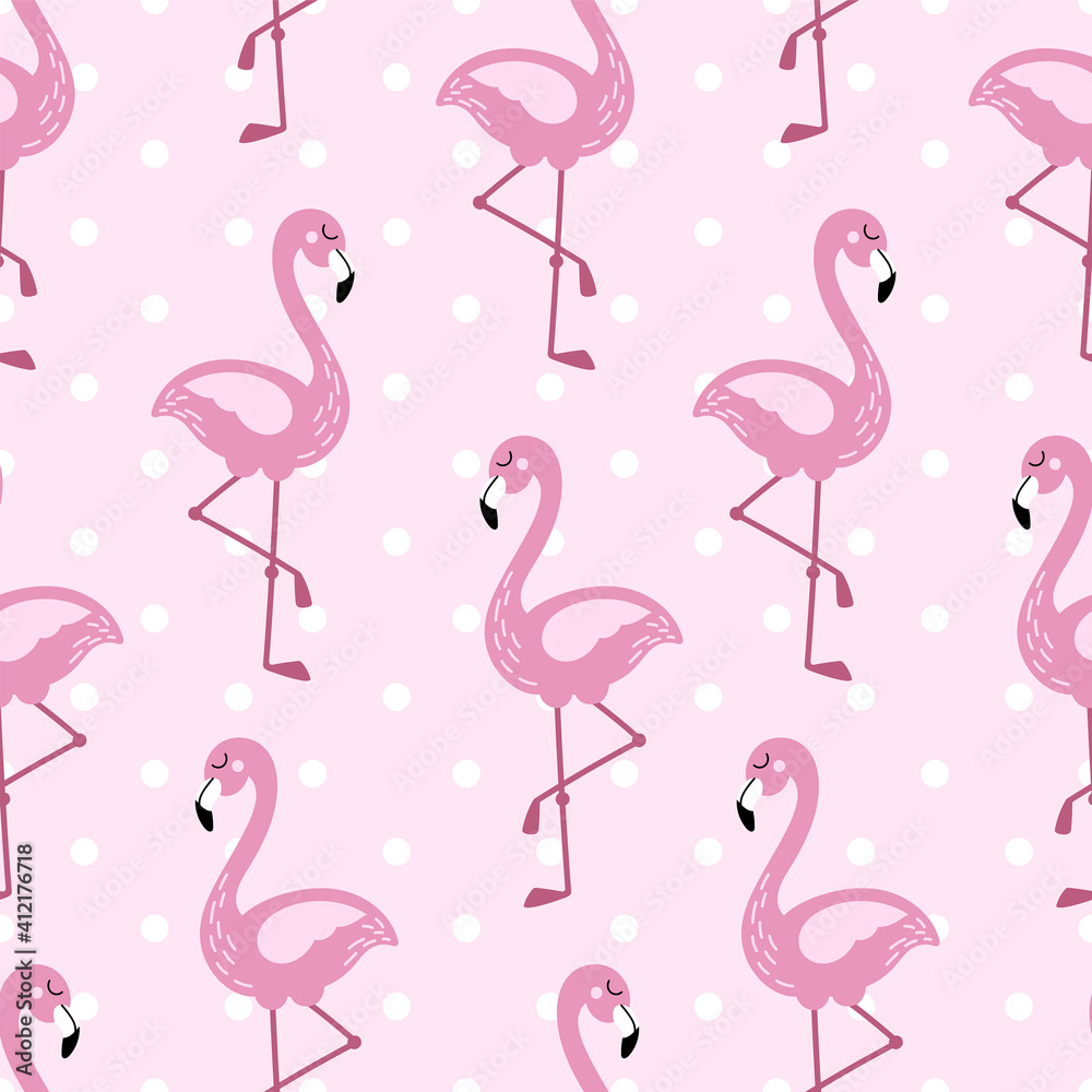 Flamingo seamless pattern with polka dots design. Cute pink tropical wallpaper and fabric print. Doodle vector illustration for girls. Flamingo seamless pattern with polka dots design. Cute pink tropical wallpaper and fabric print. Doodle vector illustration for girls.