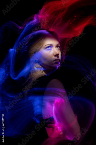 lightpainting portrait, new art direction, long exposure photo without photoshop, light drawing at long exposure