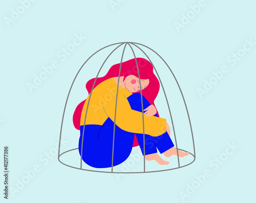 Young woman or girl locked inside a cage. Prisoner girl suffers from Inequality and restriction of ability in society. Women's empowerment movement. Freedom and mental health. Flat vector illustration