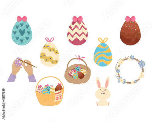 happy easter celebration card with set icons