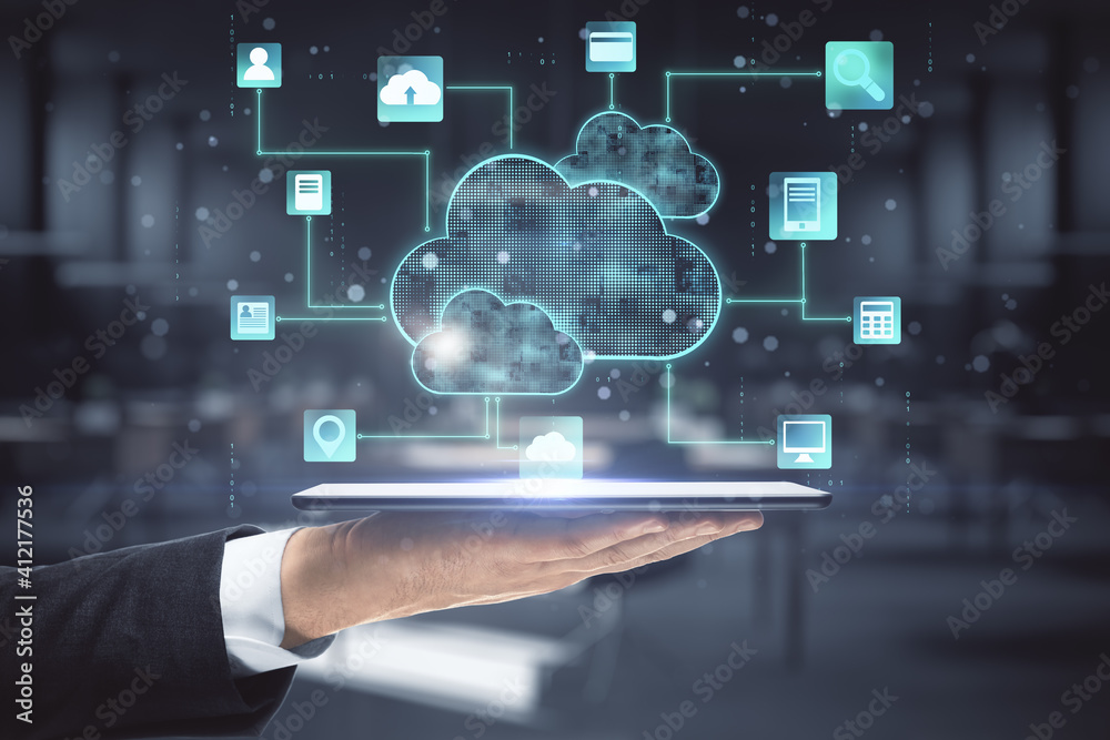Cloud technology service with man hand digital tablet and digital screen with cloud signs and social lifestyle media signs above.