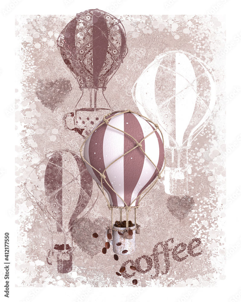 Creative surreal background, a cup of coffee flying in a hot air balloon, letters lined with grains, pastel brown tones, 3d rendering