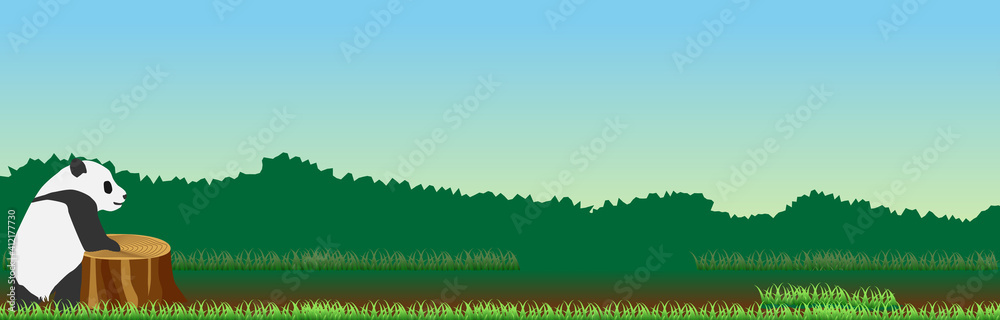 Panda in the forest, tree, grass, turf, landscape, copy space, vector illustration, web header, footer, flyer, nature, sky, animal, retro