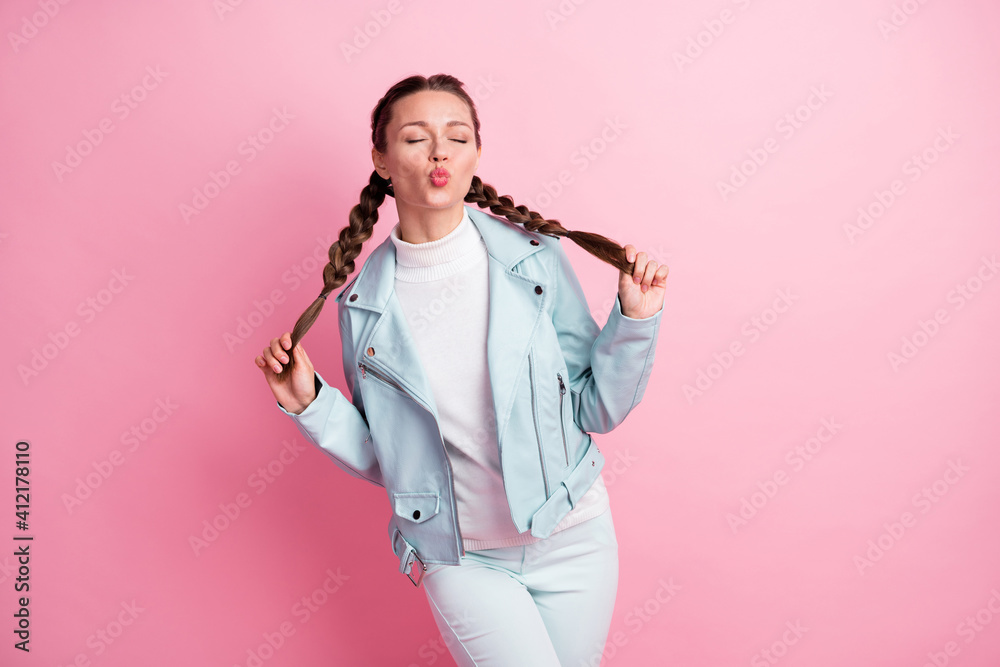 Photo of young attractive girl flirty pouted lips send air kiss you romantic isolated over pastel color background Photo of young attractive girl flirty pouted lips send air kiss you romantic isolated over pastel color background
