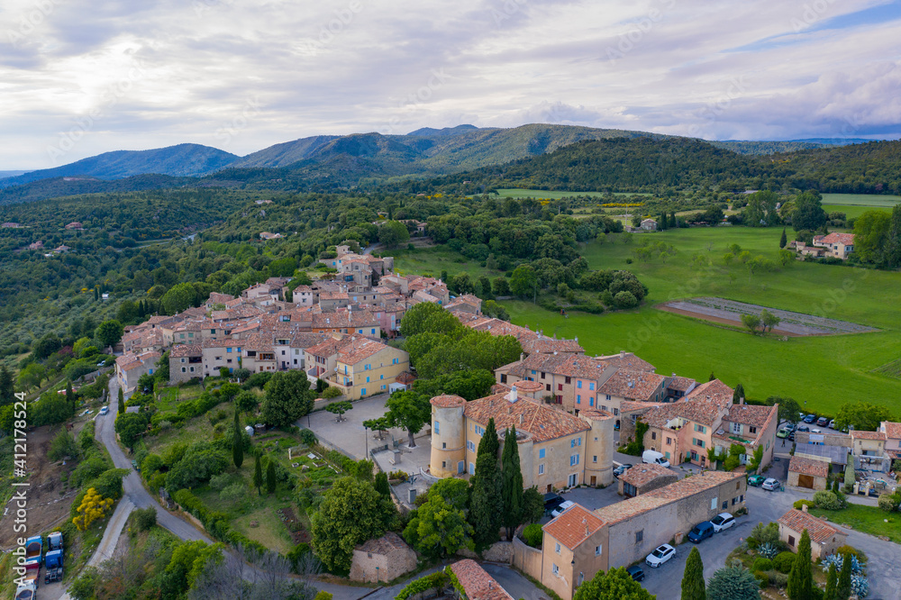 France, Var department, Tourtour, Aerial view of Tourtour, village in the sky, labelled Les Plus Beaux Villages de France ( the Most Beautiful Villages of France)