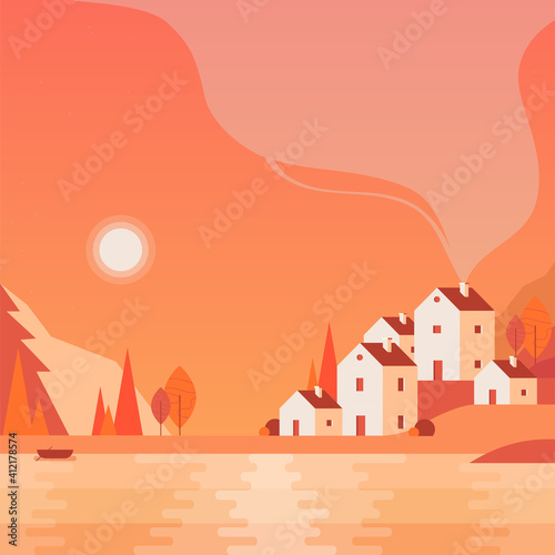 Vector illustration in simple minimal geometric flat style - autumn city landscape with buildings, hills and trees