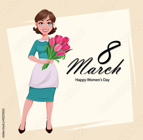 Happy Women's day greeting card. Beautiful woman