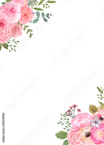 Beautiful spring floral frame. Watercolor pink flowers and green leaf on whit...