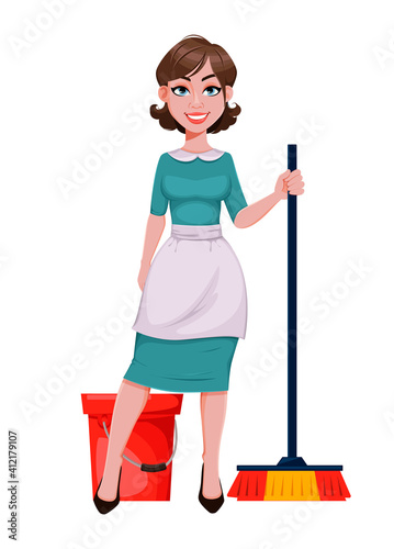 Cheerful housekeeper, mother, beautiful woman