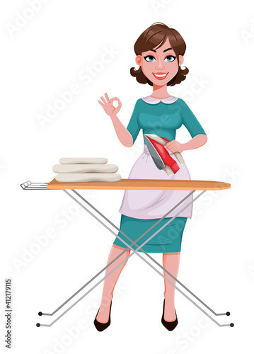 Cheerful housekeeper, mother, beautiful woman