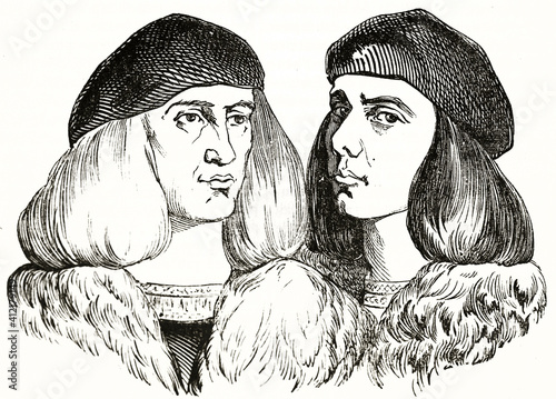 portrait of Gentile (1429-1507) and Giovanni (ca. 1433-1516) Bellini, Italian artists. Close up on their faces. Ancient grey tone etching style art by unidentified author, Magasin Pittoresque, 1838