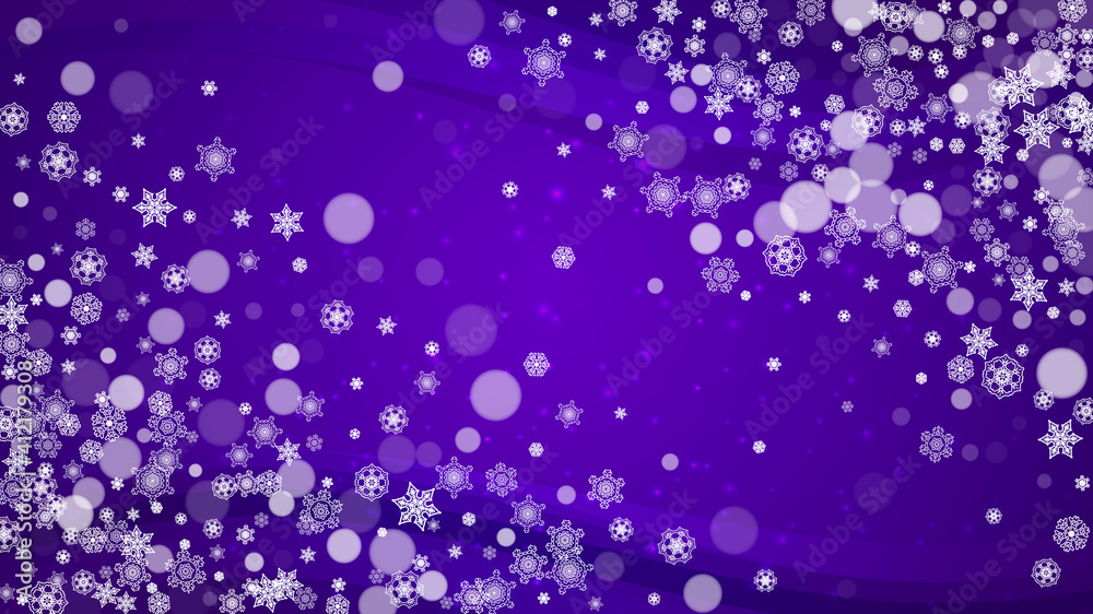 Snowflake banner with ultraviolet snow. New Year backdrop. Winter frame for flyer, gift card, invitation, business offer and ad. Christmas trendy background. Holiday frosty snowflake banner