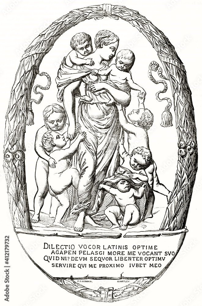 Allegorical illustration of charity representing woman taking care of naked children framed by floreal oval. Ancient grey tone etching style art by S. Germain and Quarterly, Magasin Pittoresque, 1838