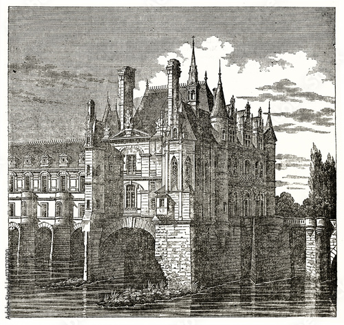 Chenonceau castle, Loire valley, France. Huge stone structure with gorgeous architecture supported by ramparts on water. Grey tone etching art by Andrew, Best and Leloir, Magasin Pittoresque, 1838 photo