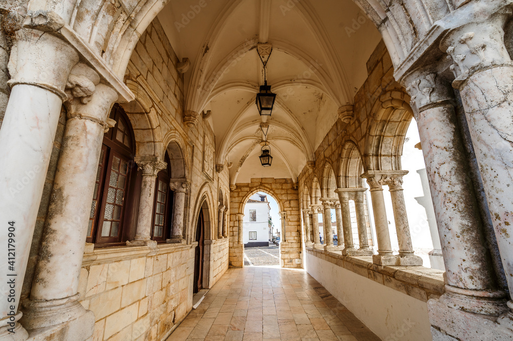 Medieval arcades in historic Estemoz, Portugal