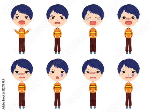 泣いたり落ち込んだり風邪を引いた男の子の全身イラストセット