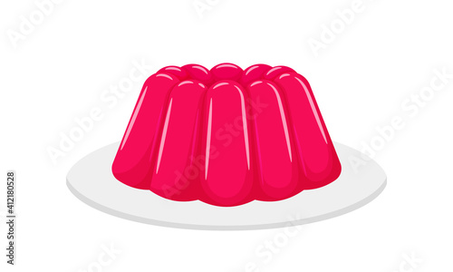 Pink jelly on a platter. Light sweet dessert. Low-calorie yummy, delicious. Illustration in cartoon flat style. Isolated on a white background