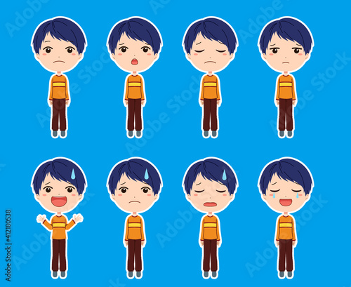白フチつきの驚いたり落ち込んだりしている男の子の全身イラストセット