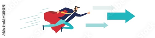 Leadership in business concept.The road to success. Business man character flying with a cloak. Arrow.achievement цели. motivation. EPS10 vector illustration.