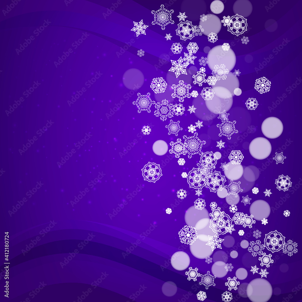 Xmas sales with ultraviolet snowflakes. New Year snowy backdrop. Winter frame for flyer, gift card, invitation, business offer and ad. Christmas trendy background. Holiday banner for xmas sales.