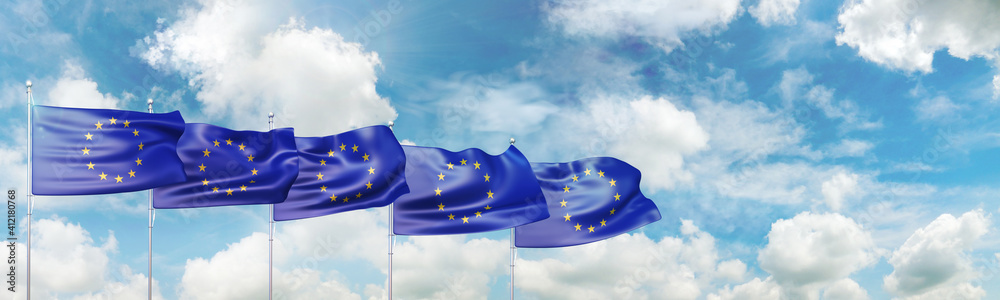 Flags of the European Union waving in the wind against blue sky. 3D illustration       

