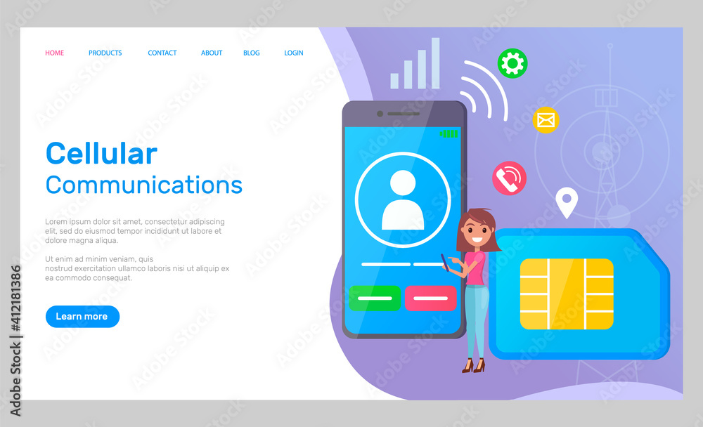 Cellular communications landing page template mobile phone with icons sim card and cheerful young smiling girl pointing on smartphone. Concept of communication in the network with digital equipment