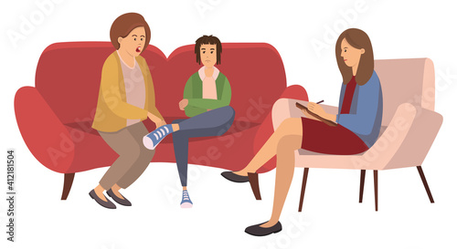 Conversation between mother, teenager and female psychologist or psychotherapist makes notes in a notebook. Family psychotherapy, psychotherapeutic aid for children with mental problems consultation