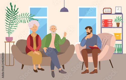 Psychiatrist consultation. Worried elderly pensioner couple man and woman on psychologist session. Difficult relationships. Family crisis treatment. Psychotherapy practice with a man psychotherapist