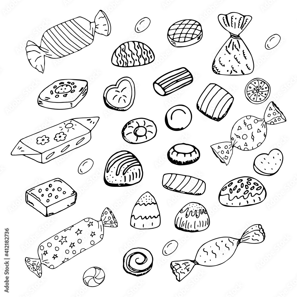 A set of chocolates in a wrapper and without a wrapper on a white background. Doodle style. Vector illustration. Hand drawing.