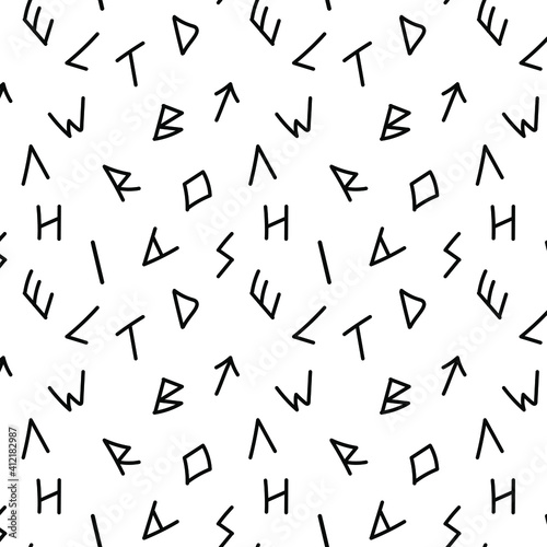 Scattered english letters alphabet seamless pattern. Old elf, mystic runic divine language for book cover, wrapping paper. Esoteric, occult, magic. Fortune telling, predicting the future.