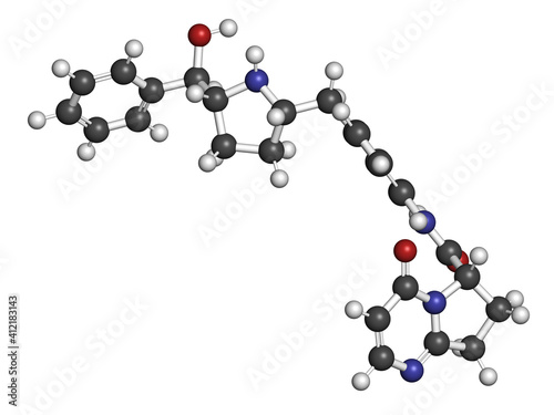 Vibegron drug molecule. 3D rendering. Atoms are represented as spheres with conventional color coding: hydrogen (white), carbon (grey), nitrogen (blue), oxygen (red).