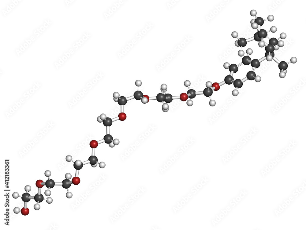 Triton x-100 detergent molecule. 3D rendering. Atoms are represented as spheres with conventional color coding: hydrogen (white), carbon (grey), oxygen (red). Triton x-100 detergent molecule. 3D rendering. Atoms are represented as spheres with conventional color coding: hydrogen (white), carbon (grey), oxygen (red).