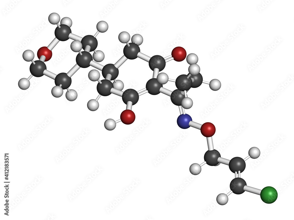Tepraloxydim herbicide molecule. 3D rendering. Atoms are represented as spheres with conventional color coding: hydrogen (white), carbon (grey), nitrogen (blue), oxygen (red), chlorine (green).