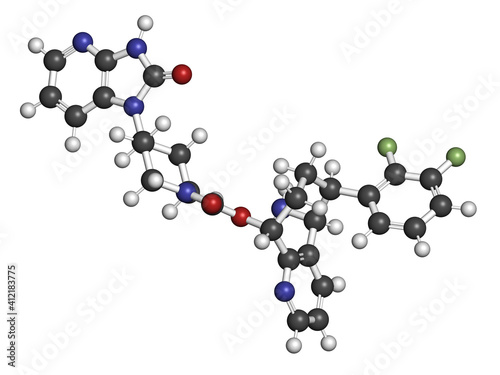 Rimegepant migraine drug molecule. 3D rendering. Atoms are represented as spheres with conventional color coding