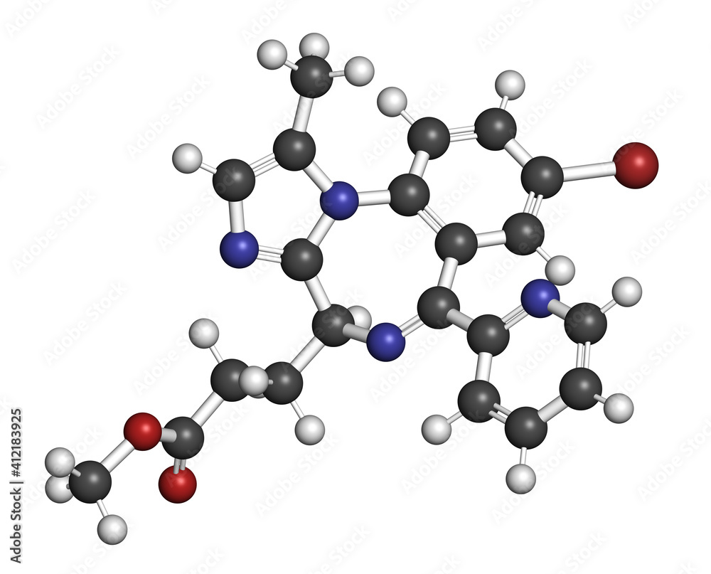 Remimazolam drug molecule. 3D rendering. Atoms are represented as spheres with conventional color coding: hydrogen (white), carbon (grey), nitrogen (blue), oxygen (red), bromine (brown). Remimazolam drug molecule. 3D rendering. Atoms are represented as spheres with conventional color coding: hydrogen (white), carbon (grey), nitrogen (blue), oxygen (red), bromine (brown).