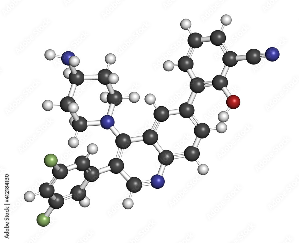 Paltusotine acromegaly drug molecule. 3D rendering. Atoms are represented as spheres with conventional color coding. Paltusotine acromegaly drug molecule. 3D rendering. Atoms are represented as spheres with conventional color coding.