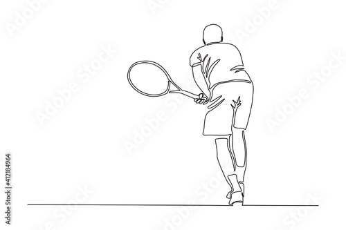 Continuous line drawing of man playing tennis tournament. Single one line art of Sport and healthy lifestyle. Vector illustration
