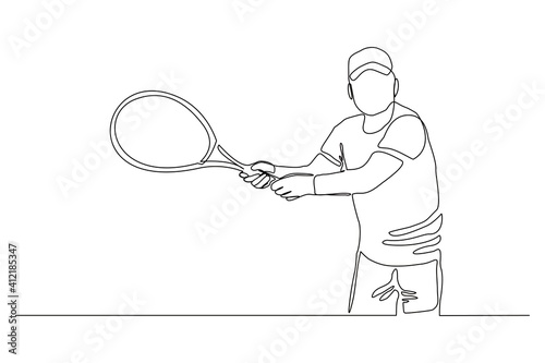 Continuous line drawing of man playing tennis tournament. Single one line art of Sport and healthy lifestyle. Vector illustration © MuhammadZulfan