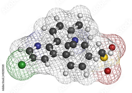 Etoricoxib drug molecule. 3D rendering. Atoms are represented as spheres with conventional color coding
